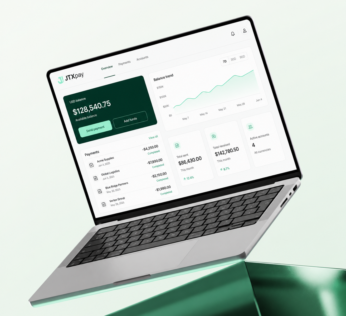 JTXpay USD dashboard shown on a floating laptop